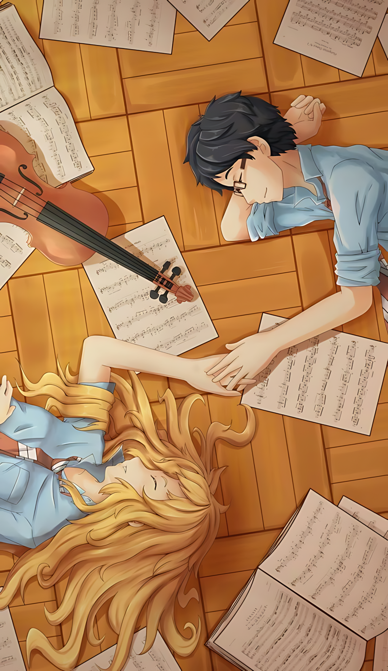 Anime musical serenade poster with dark-haired boy, violin, and scattered sheet music