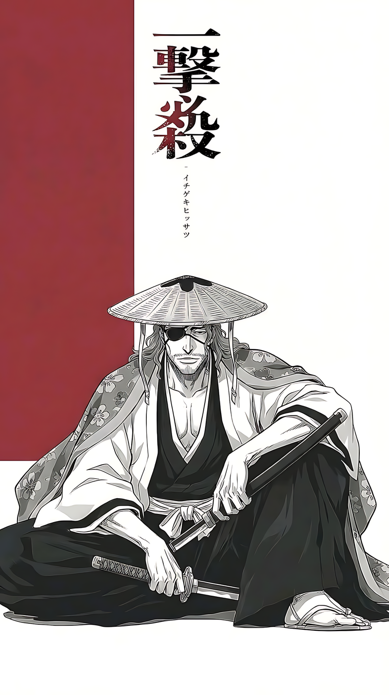 Bleach anime poster of Shunsui Kyōraku seated with katana and Japanese text