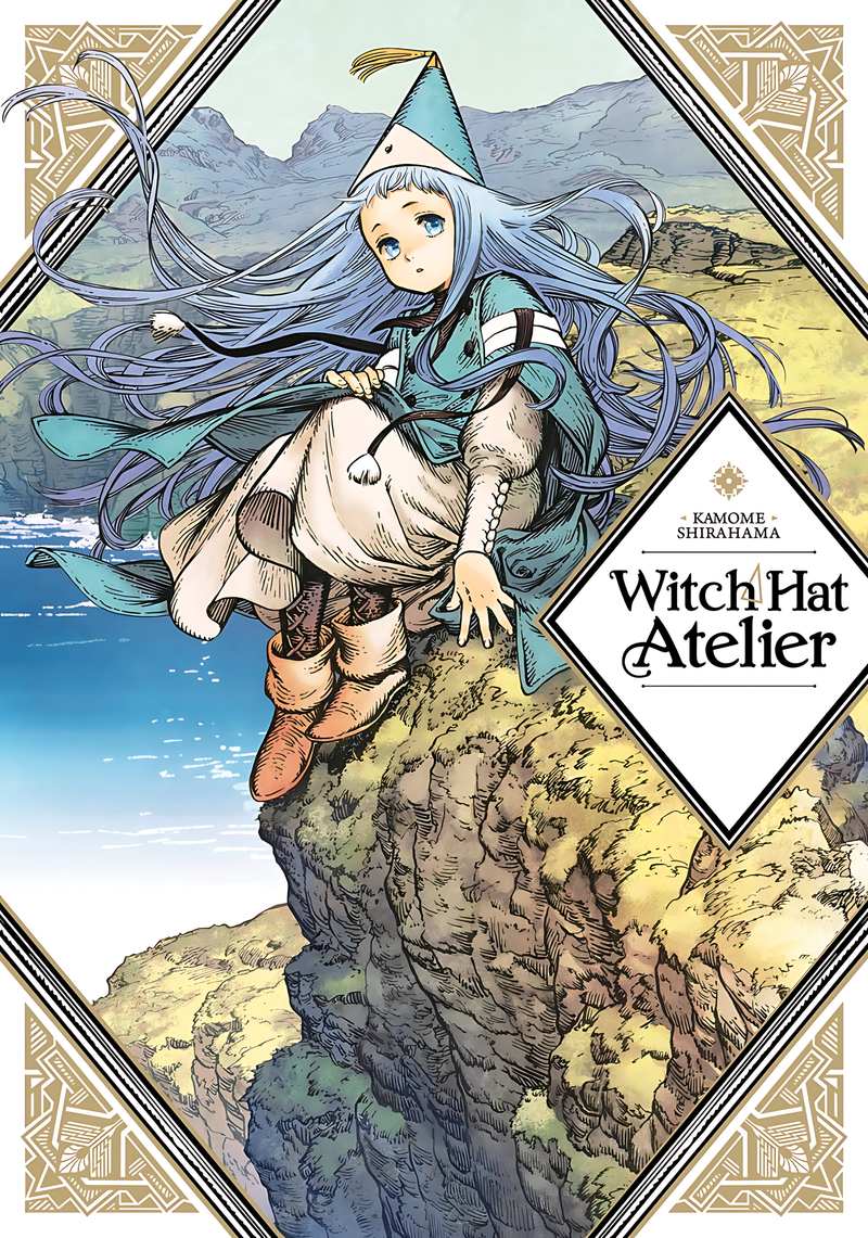 Witch Hat Atelier manga art poster, blue-haired witch holding cat on cliff