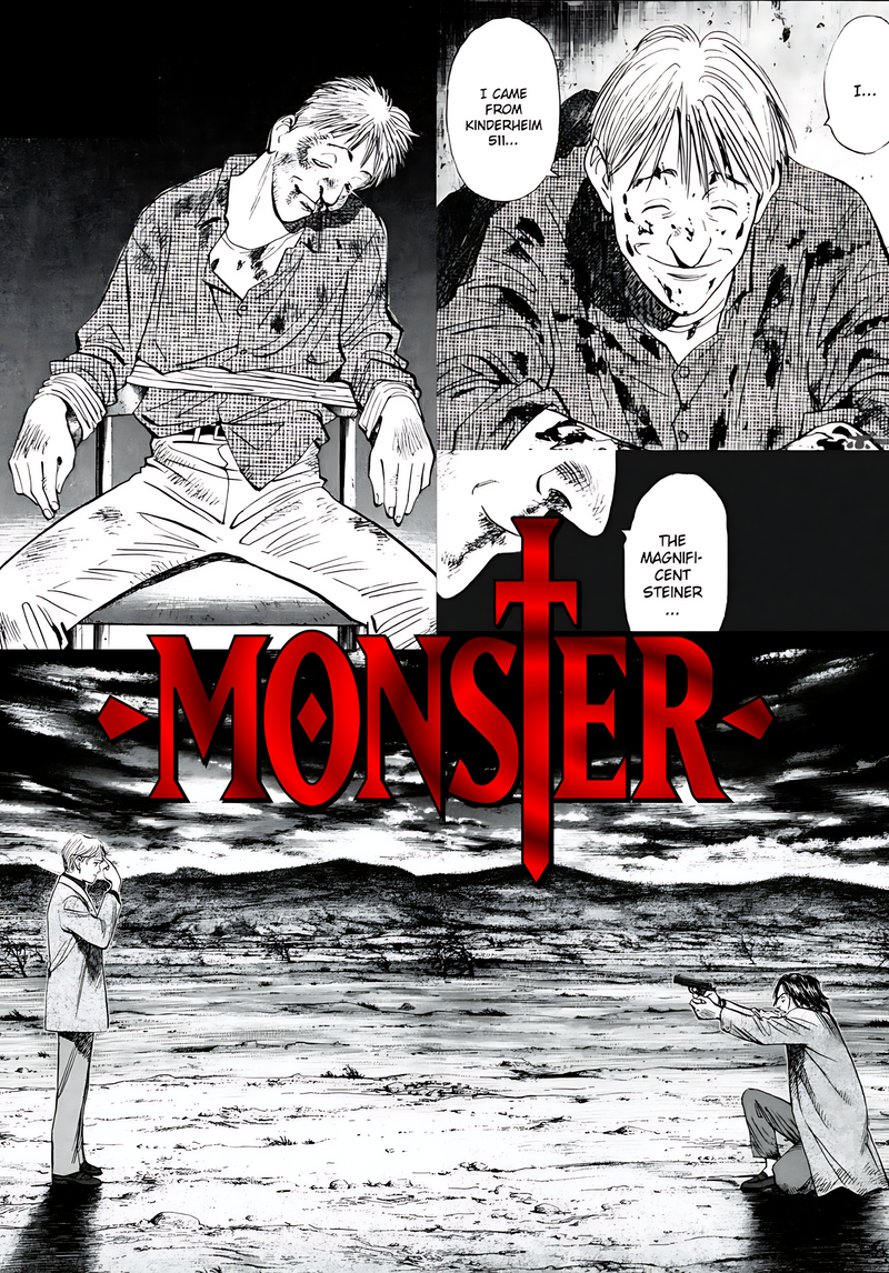 Monster anime poster with large red “MONSTER” title and black-and-white figures