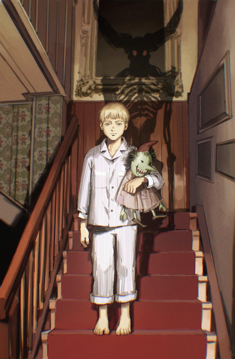 Young boy in white outfit holding a small green monster statue; poster art