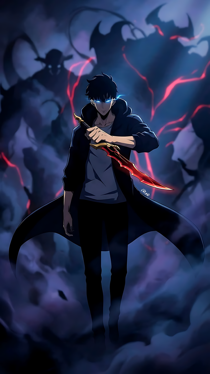 Anime character poster with dark coat, red glowing sword, and red lighting effects