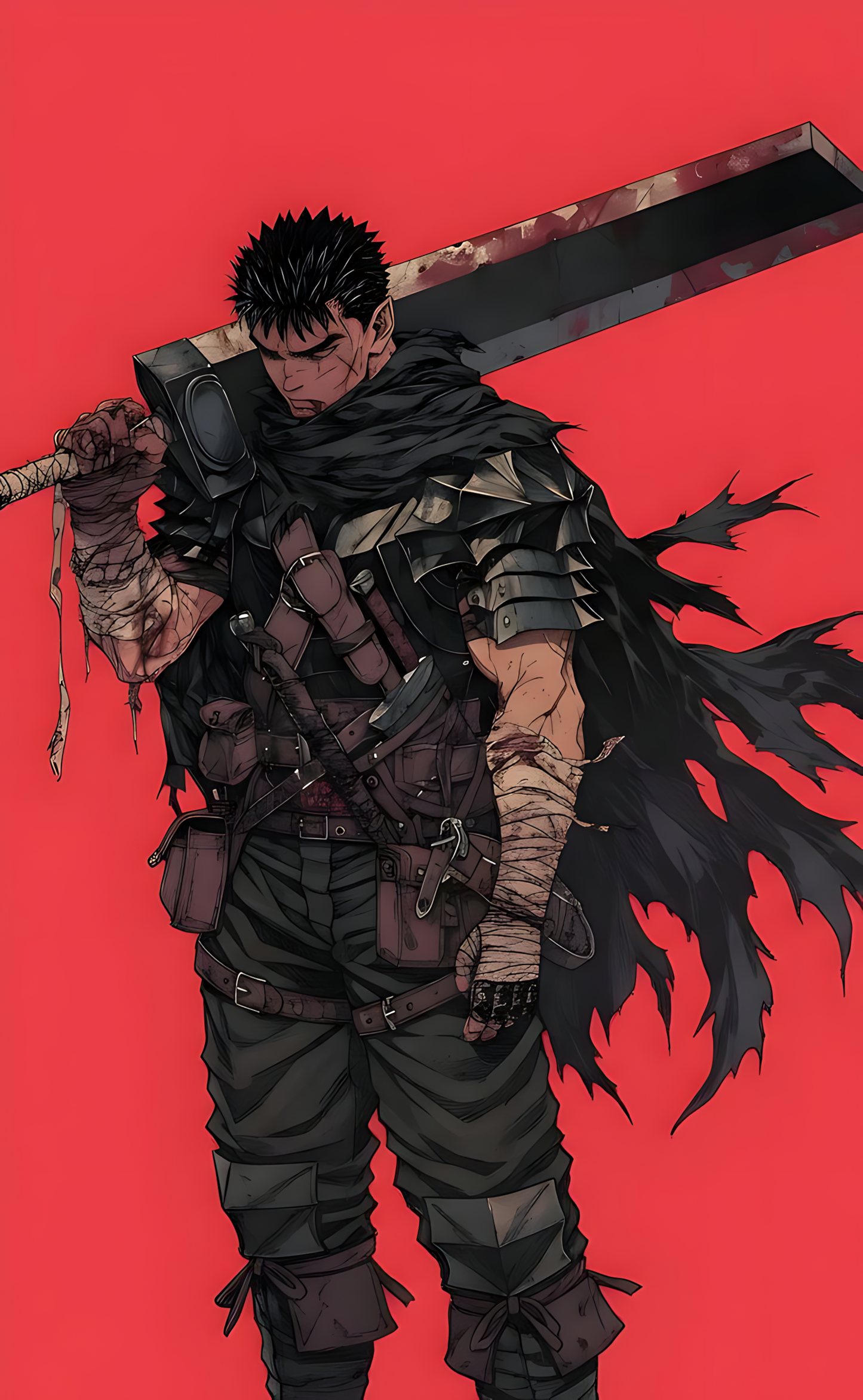 Armored swordsman poster with black spiky hair, long blade, and flame-like energy