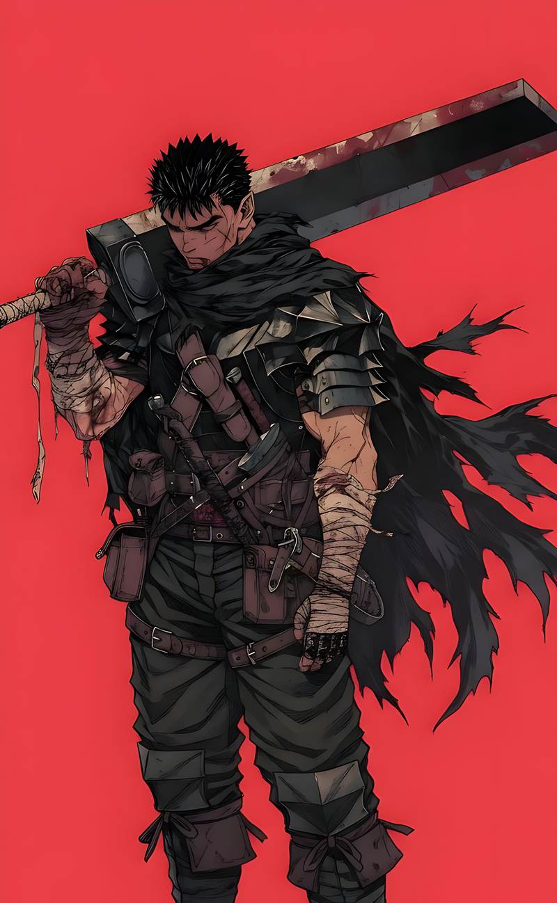 Armored swordsman poster with black spiky hair, long blade, and flame-like energy