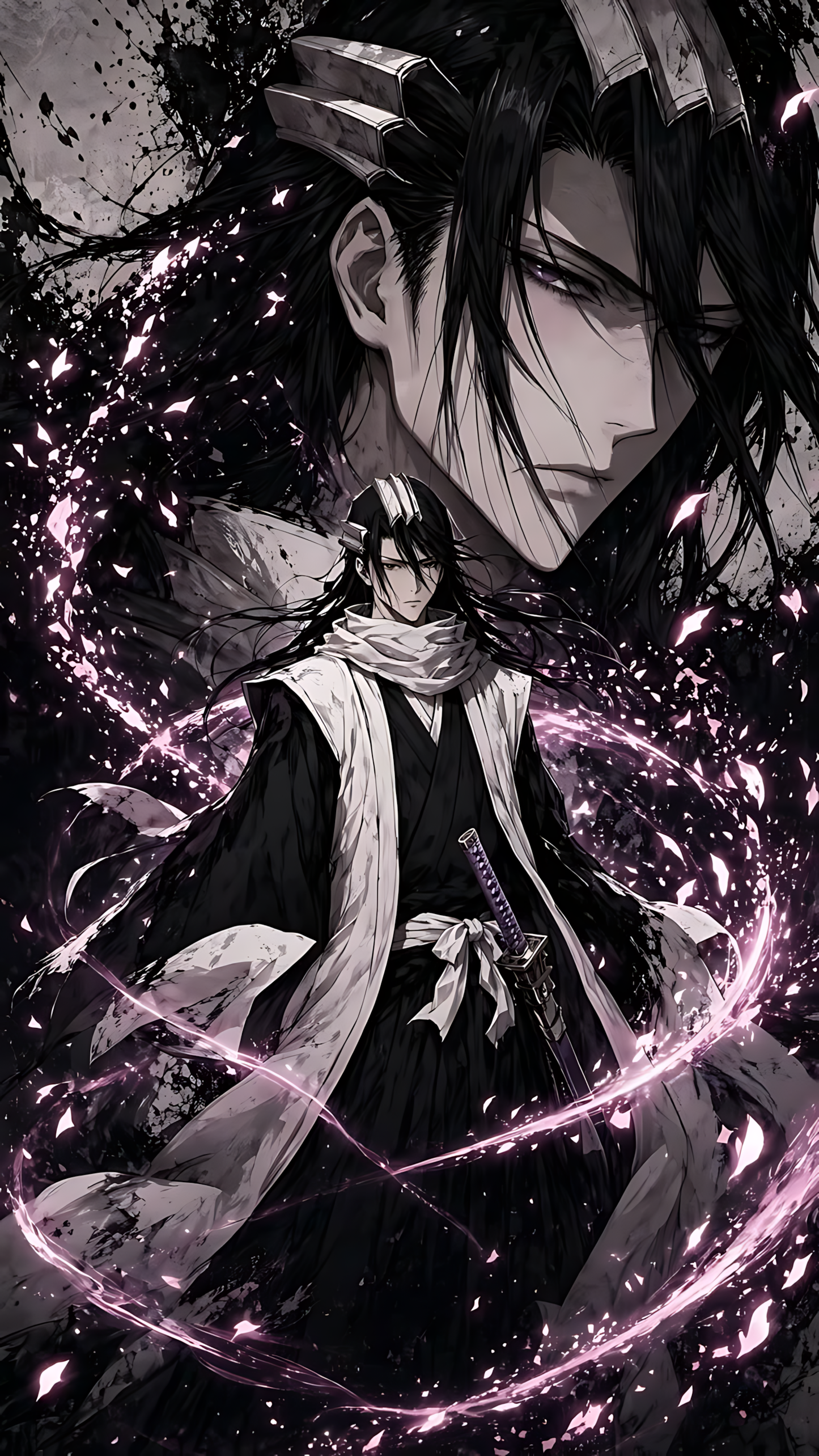 Anime character poster with black-and-white outfit and purple glowing energy effects