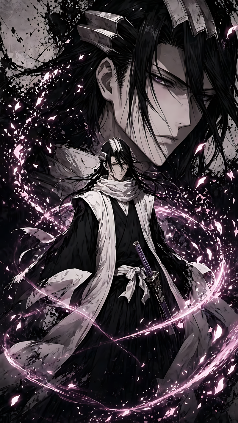 Anime character poster with black-and-white outfit and purple glowing energy effects