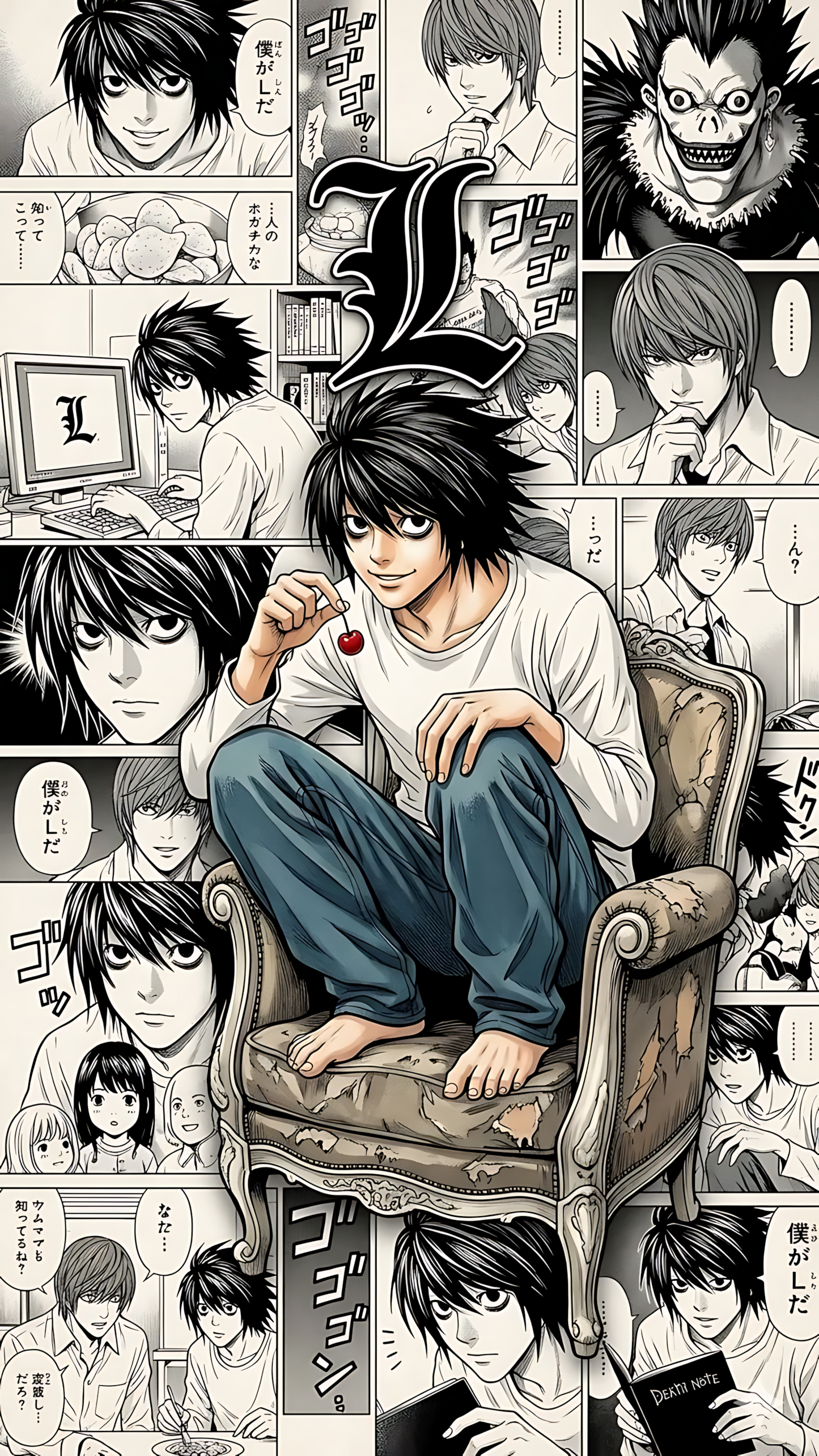 Death Note L manga collage poster with armchair scene, black-and-white character art