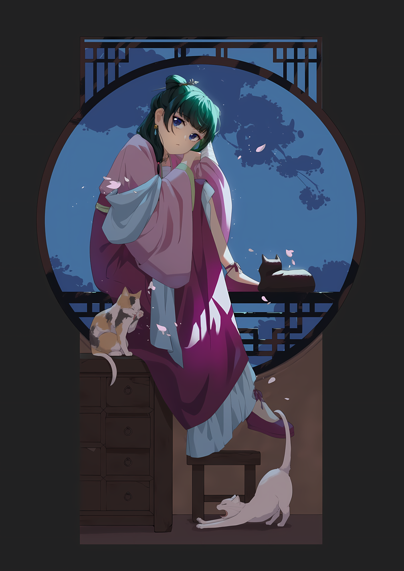 Anime poster of Maomao by a night window with two cats, blue and maroon
