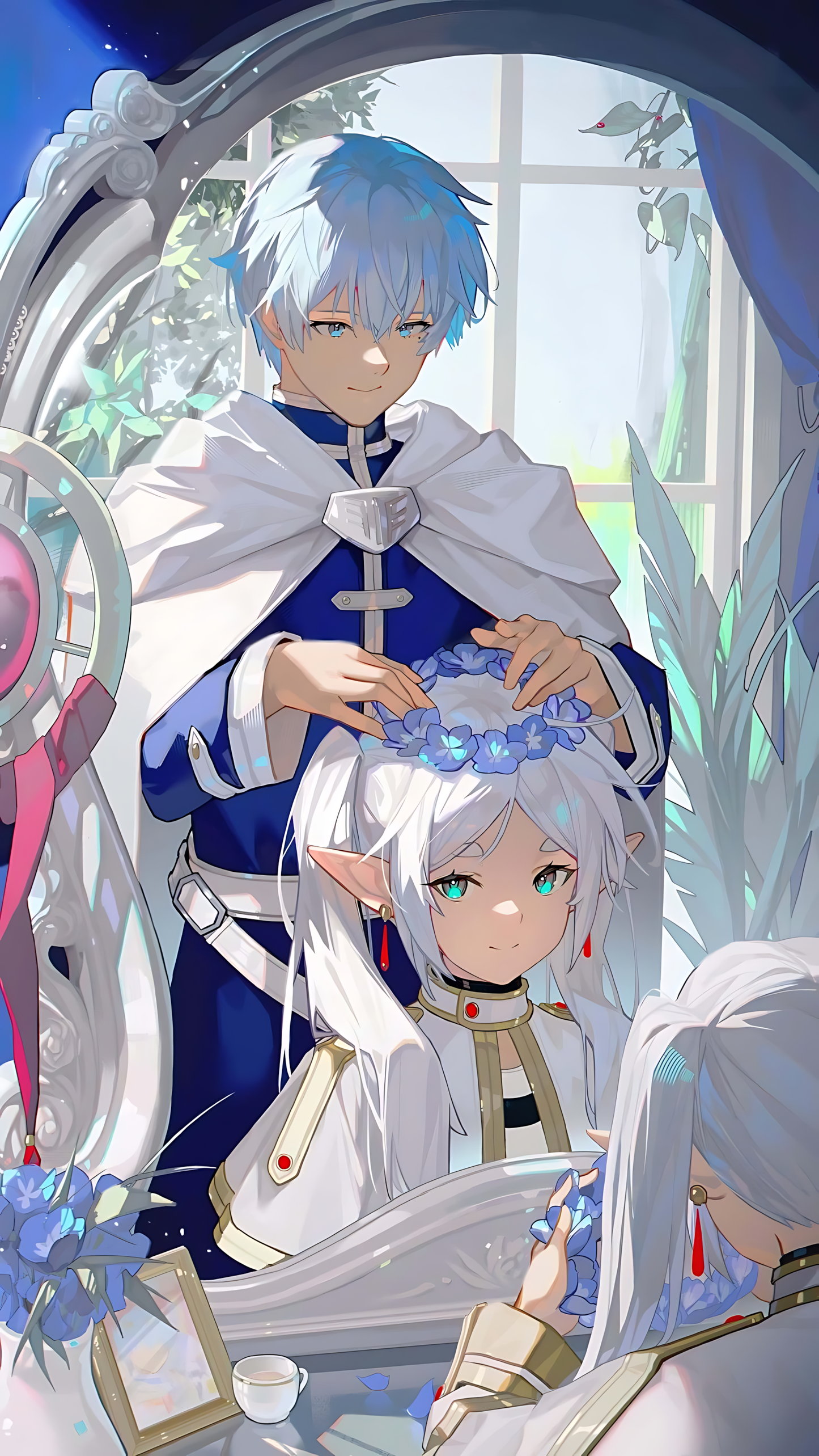 Anime reflection poster with two blue-haired characters in white, blue floral crown