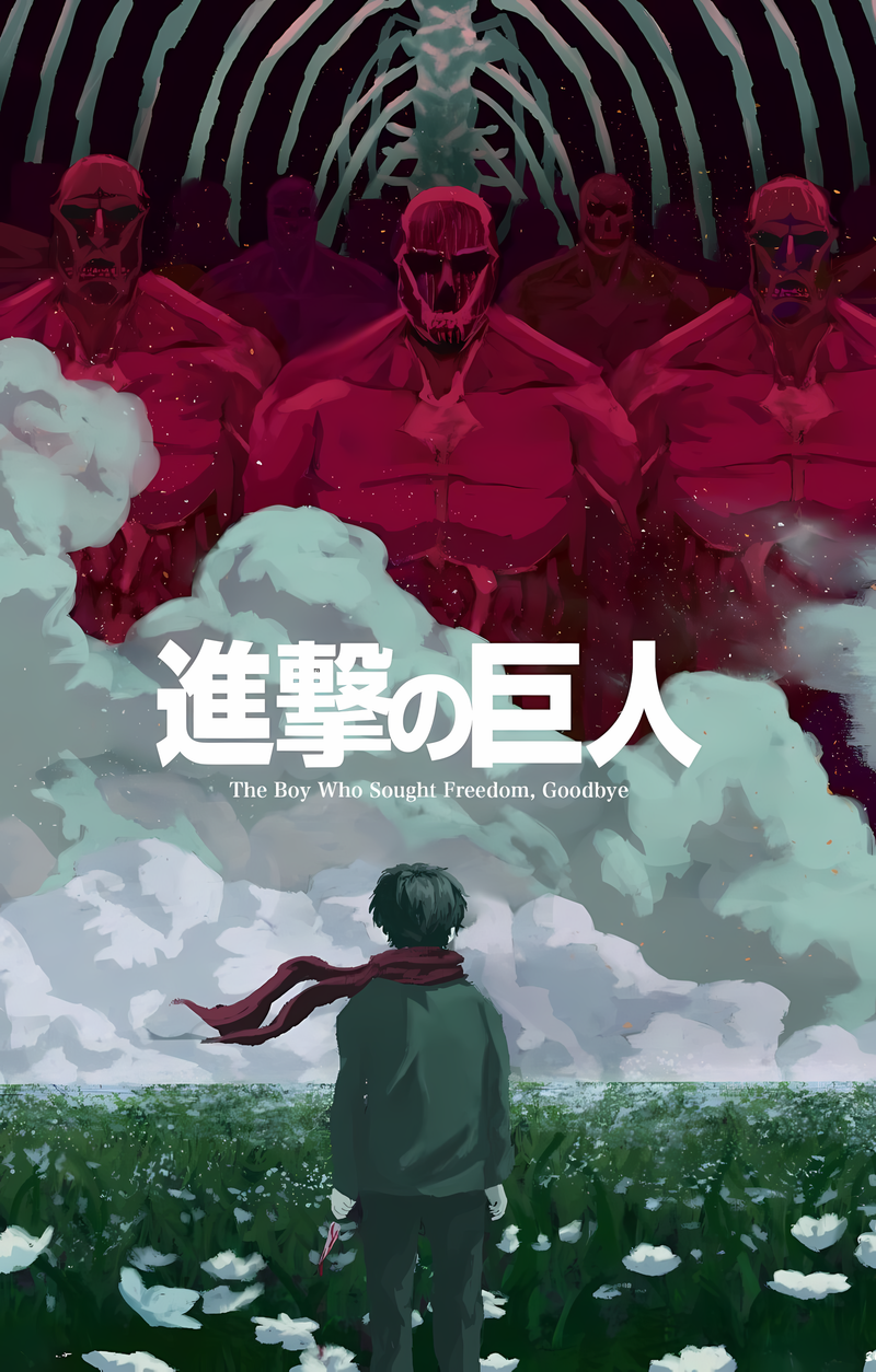 Anime poster with silhouetted warriors behind a central boy, clouds, and bold title text