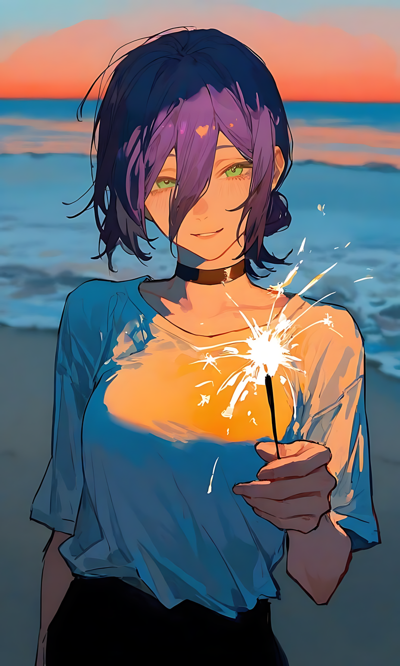 Beachside sparkler anime wall poster with a character holding a glowing sparkler