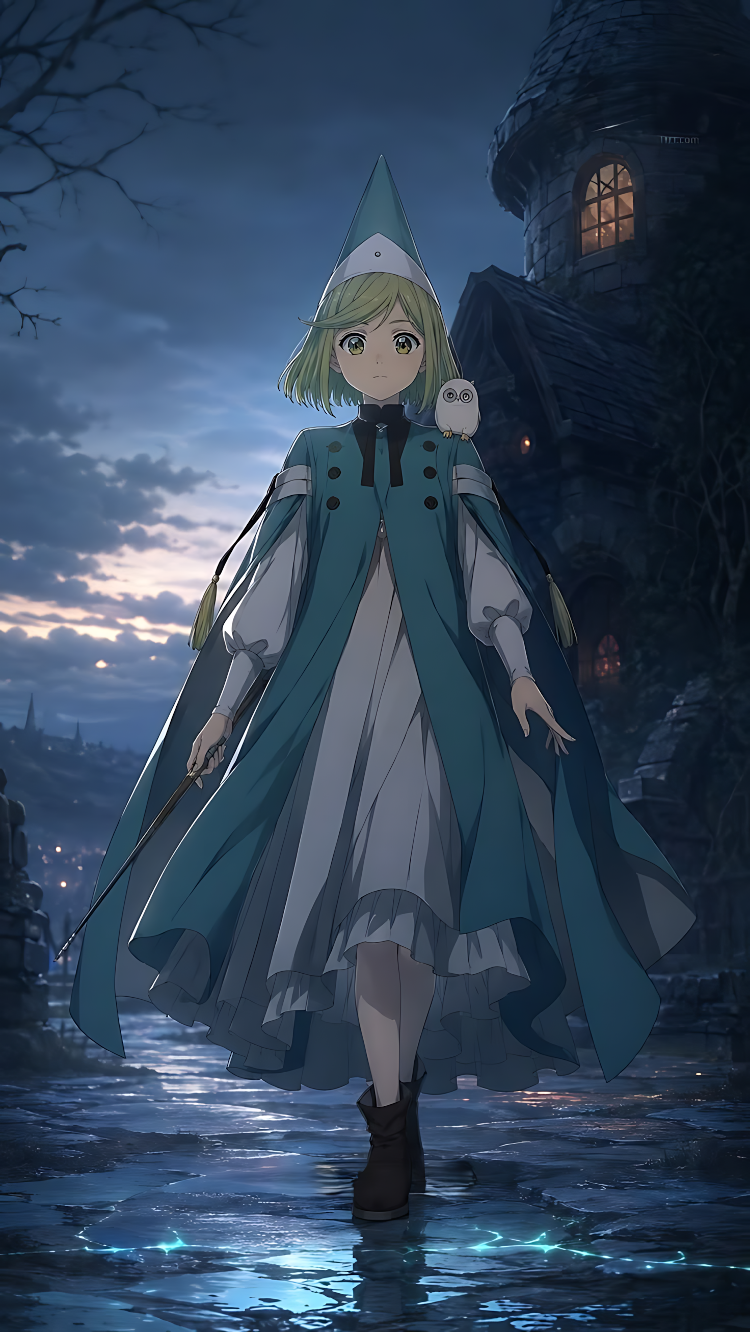 Midnight spellcasting poster featuring a green-haired witch in blue cloak and hat