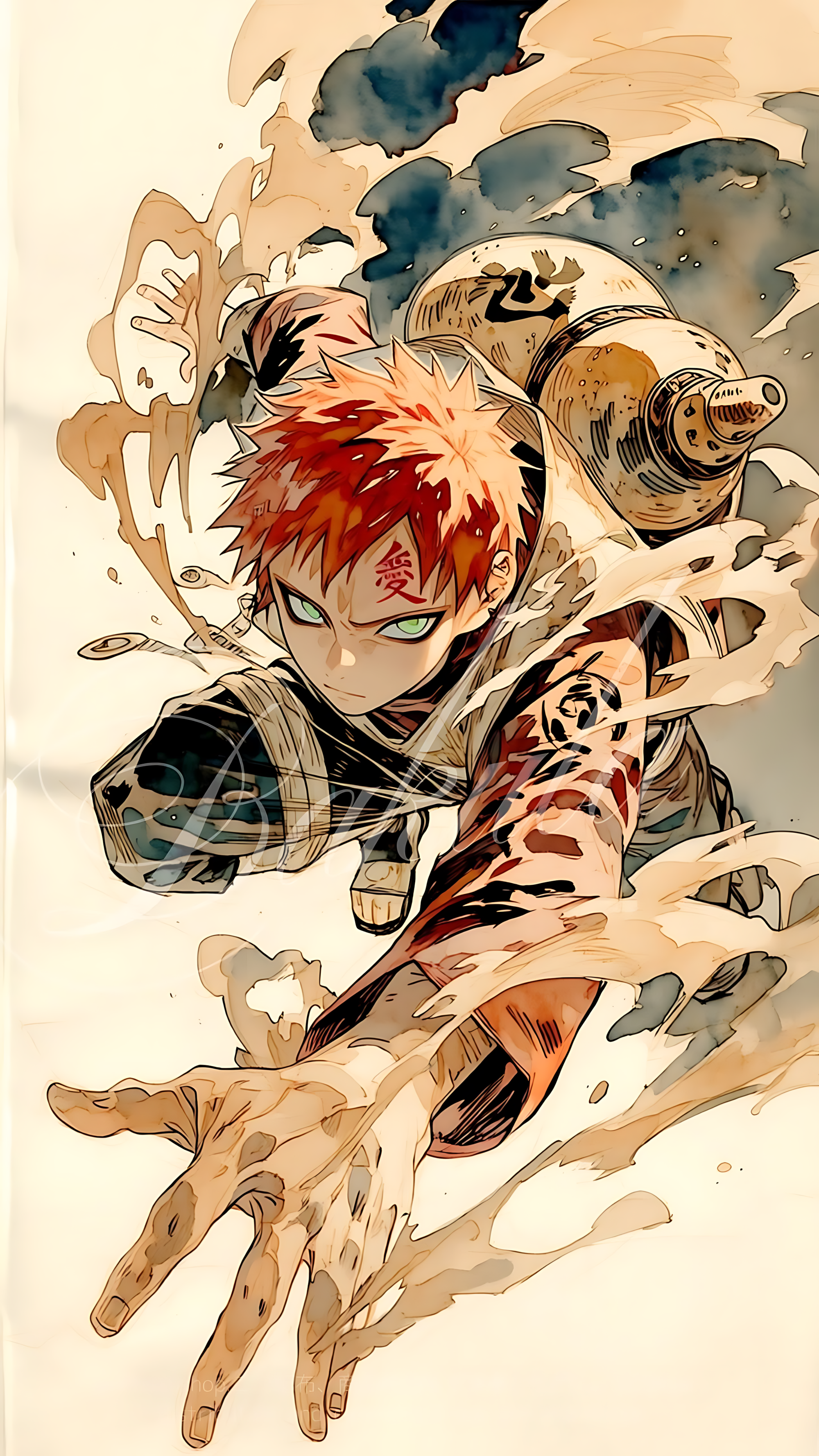 Gaara anime action poster with orange-red hair and swirling sand hands