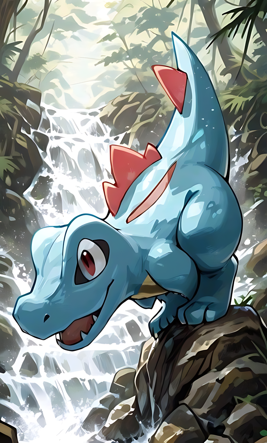 Totodile poster featuring a blue Totodile on a rock by a waterfall