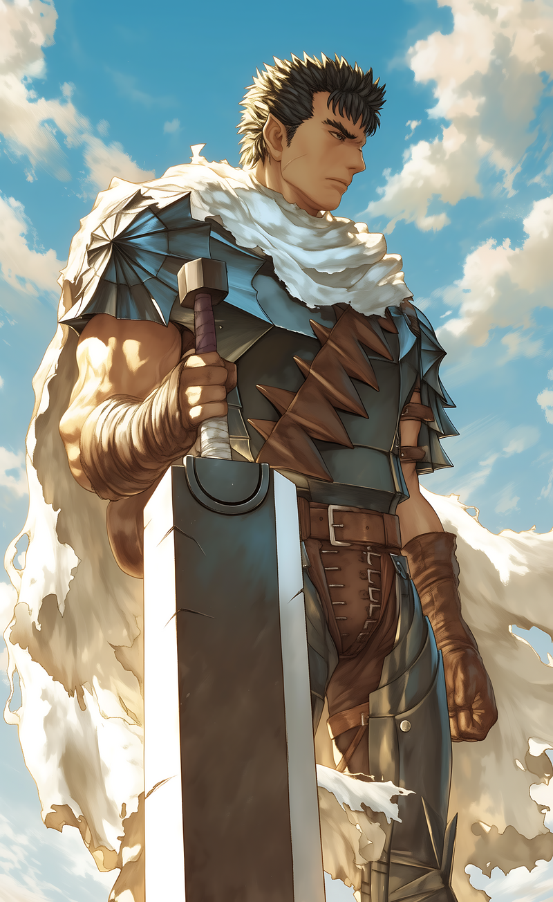 Berserk Guts Dragonslayer poster featuring armored warrior holding large sword