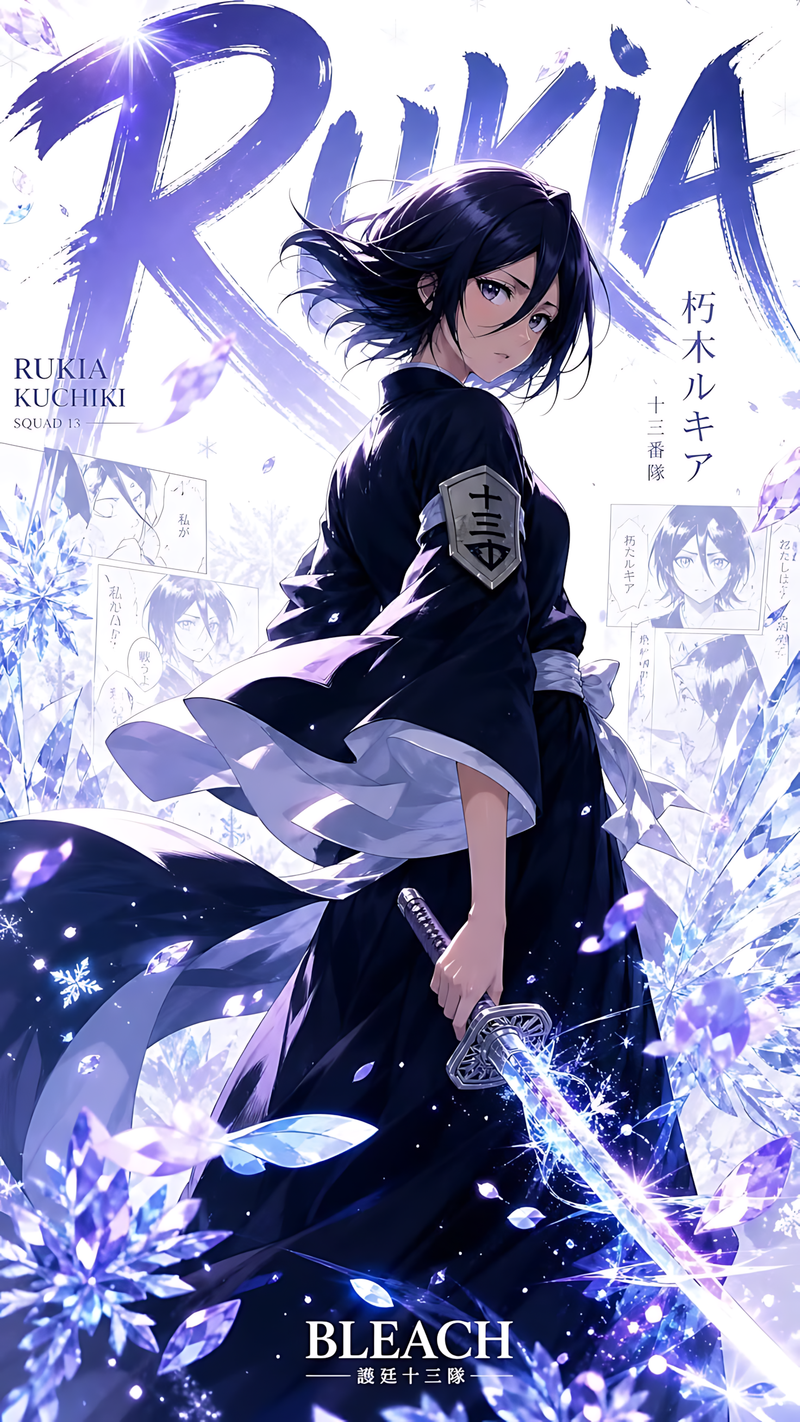 Rukia Kuchiki anime poster in dark blue kimono, surrounded by ice crystals, Bleach title