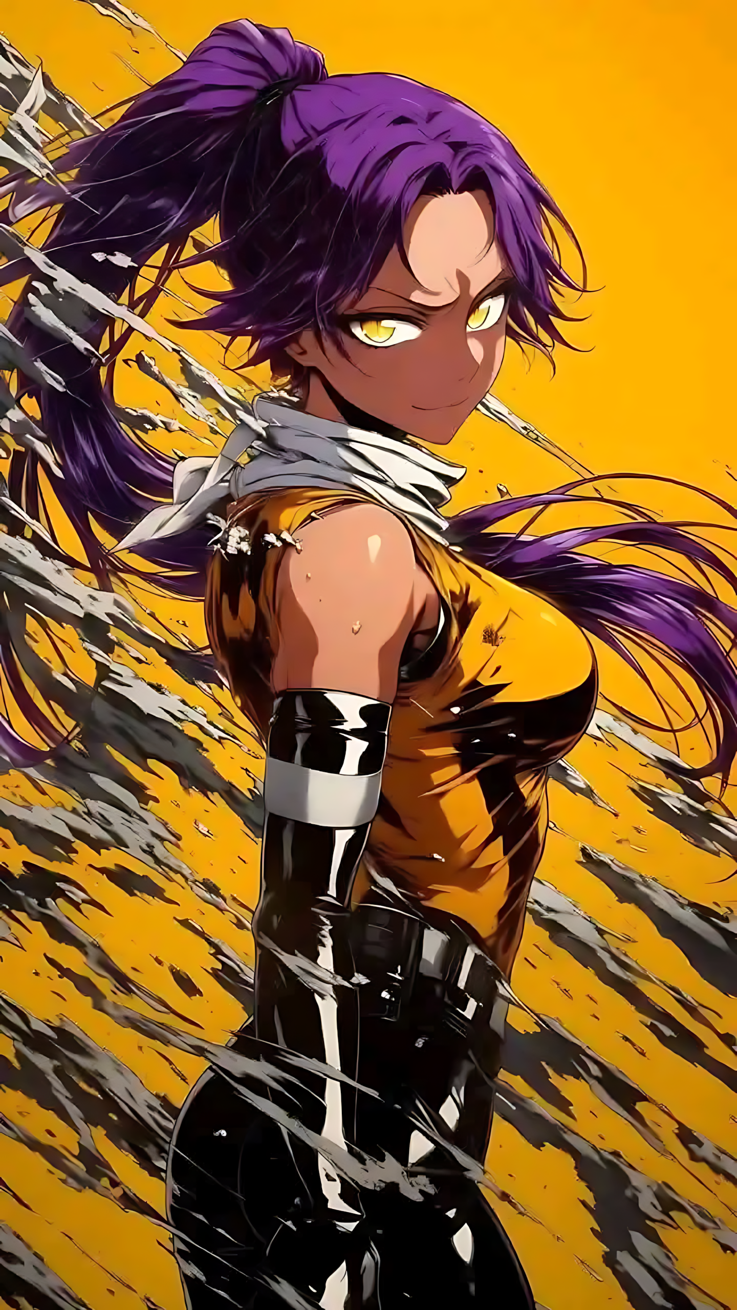 Anime wall poster of a purple-haired woman in black bodysuit with yellow eyes