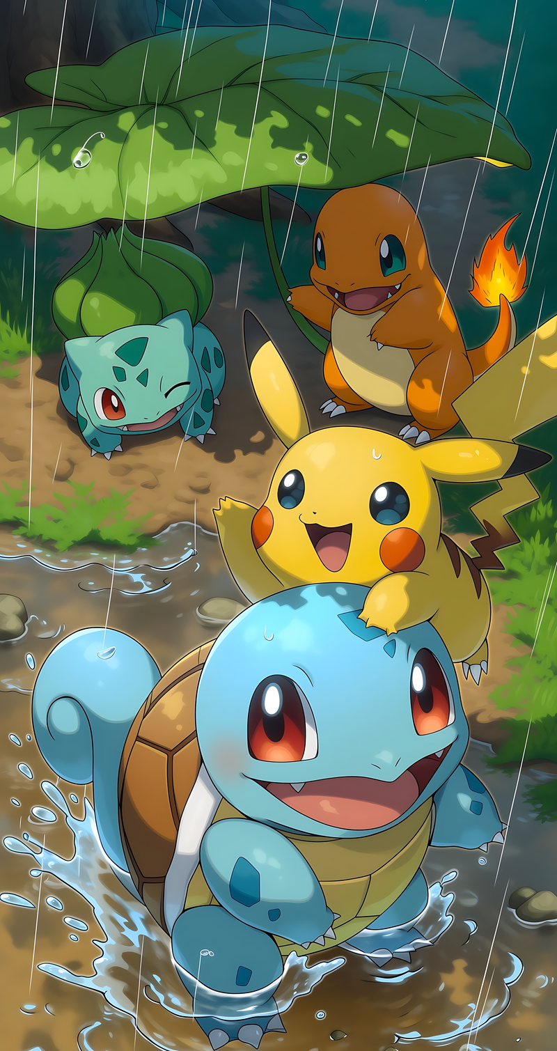 Pokémon poster featuring Bulbasaur, Charmander, Pikachu, and Squirtle in the rain