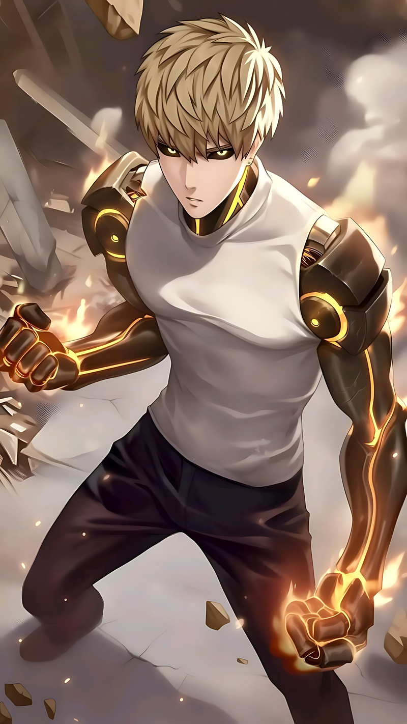 Cyborg combat poster with blond hero, white scarf, black suit, and glowing orange fists