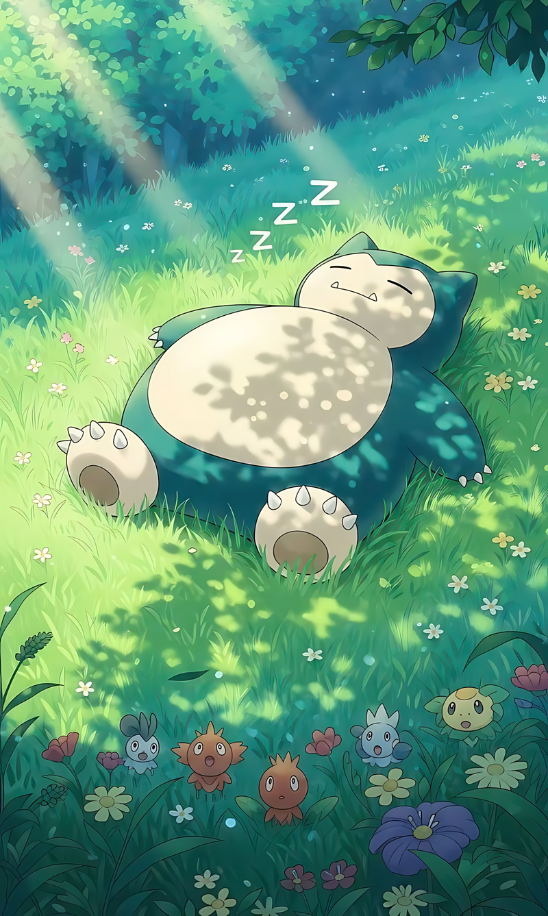 Snorlax sleeping in meadow poster with Z’s, flowers, and small animals