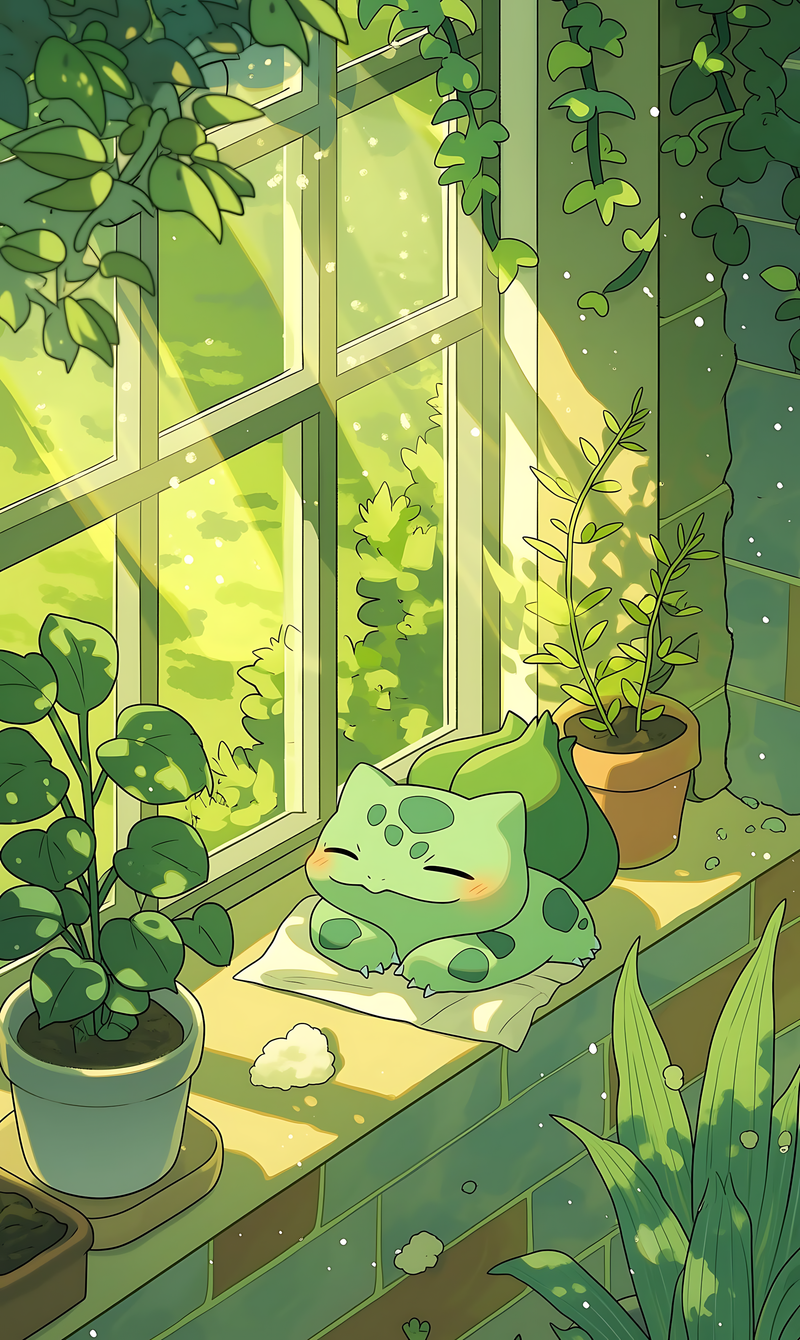 Bulbasaur greenhouse window nap poster, green creature resting on sill beside potted plants