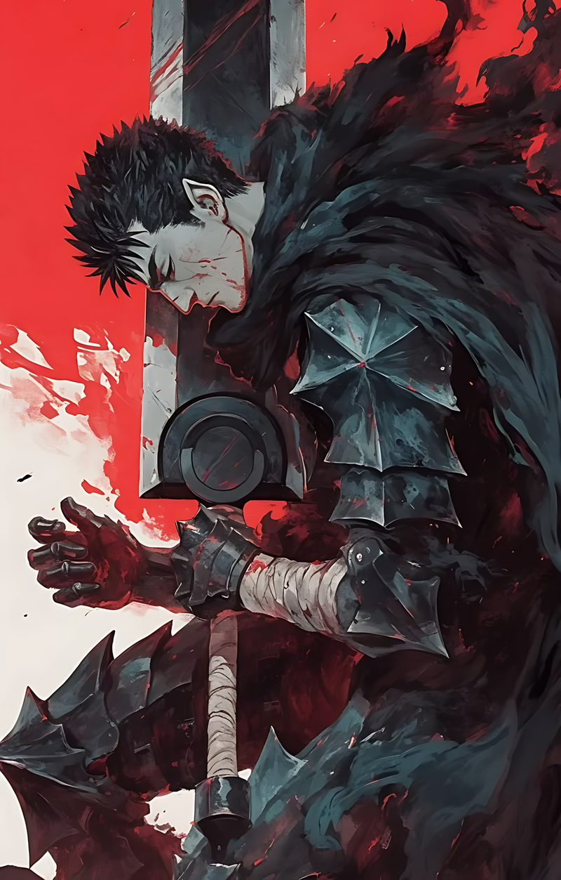 Dark armored warrior poster with large sword and dramatic cloak, with smoky flame effects