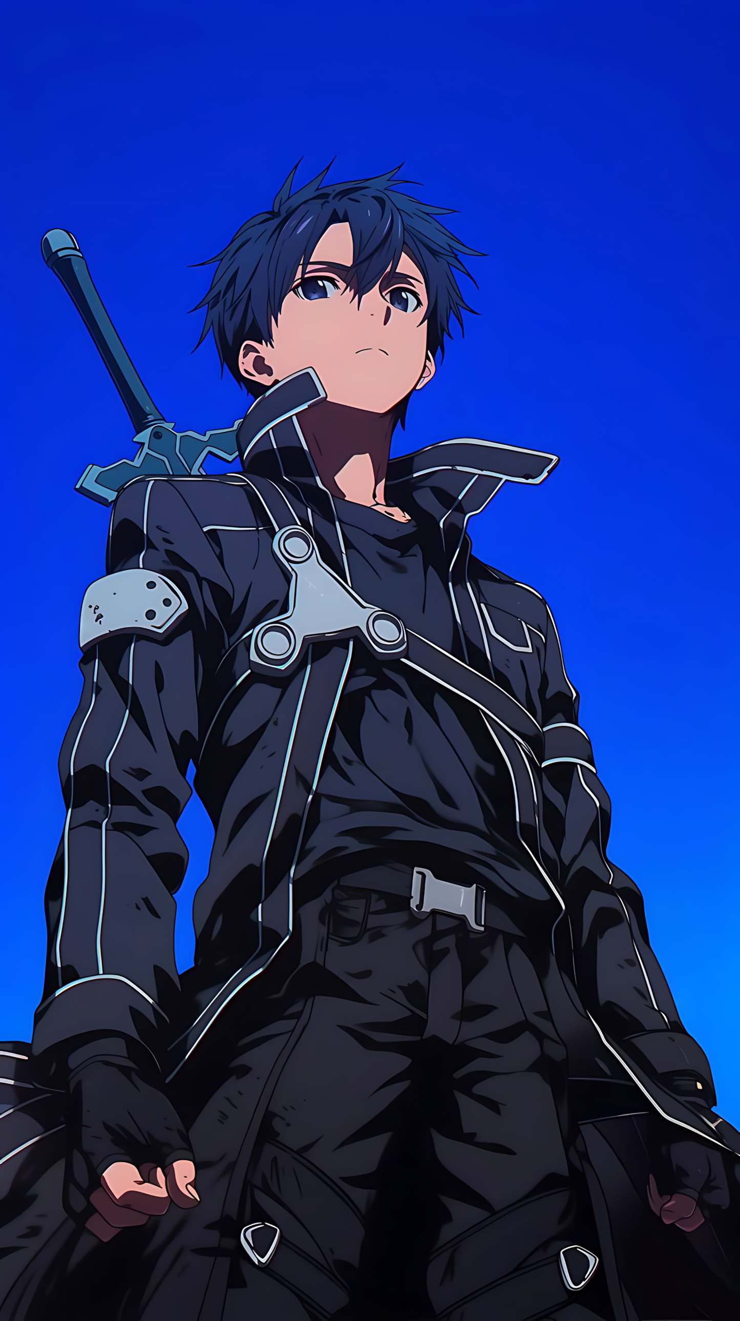 Anime poster of Kirito in black swordsman outfit, sword on his shoulder