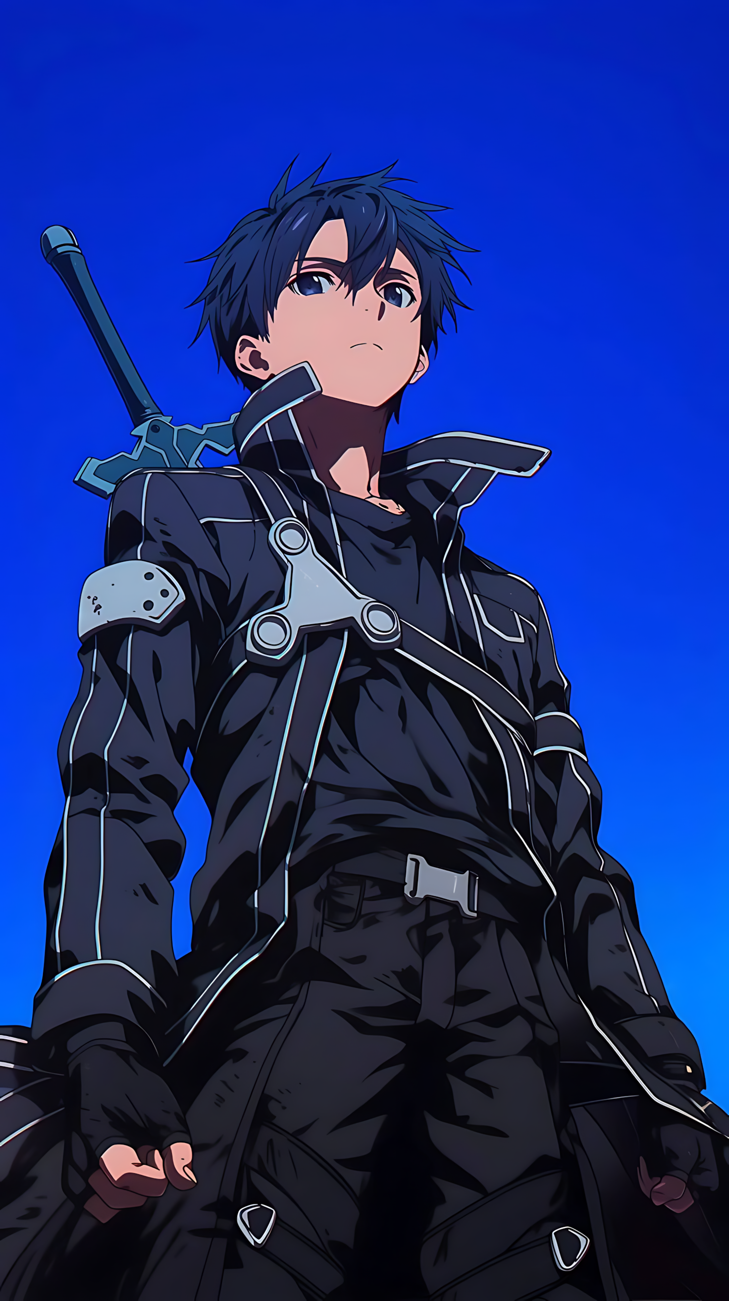 Anime poster of Kirito in black swordsman outfit, sword on his shoulder