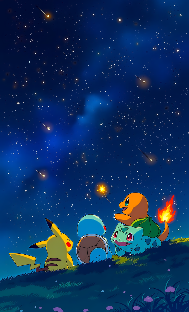 Pokémon poster with Pikachu, Squirtle, Charmander, and Bulbasaur under stars