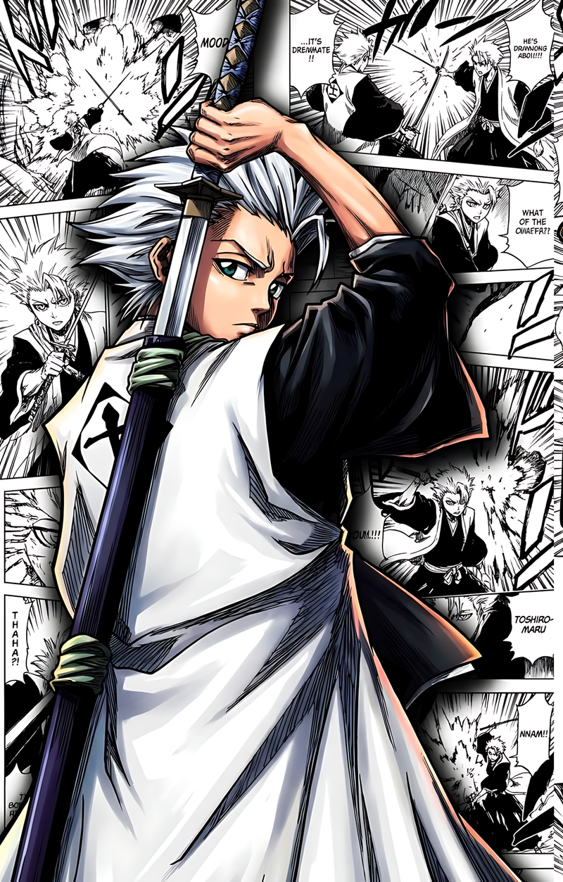 Hitsugaya Toshiro anime poster with blue-white hair and katana, monochrome manga collage