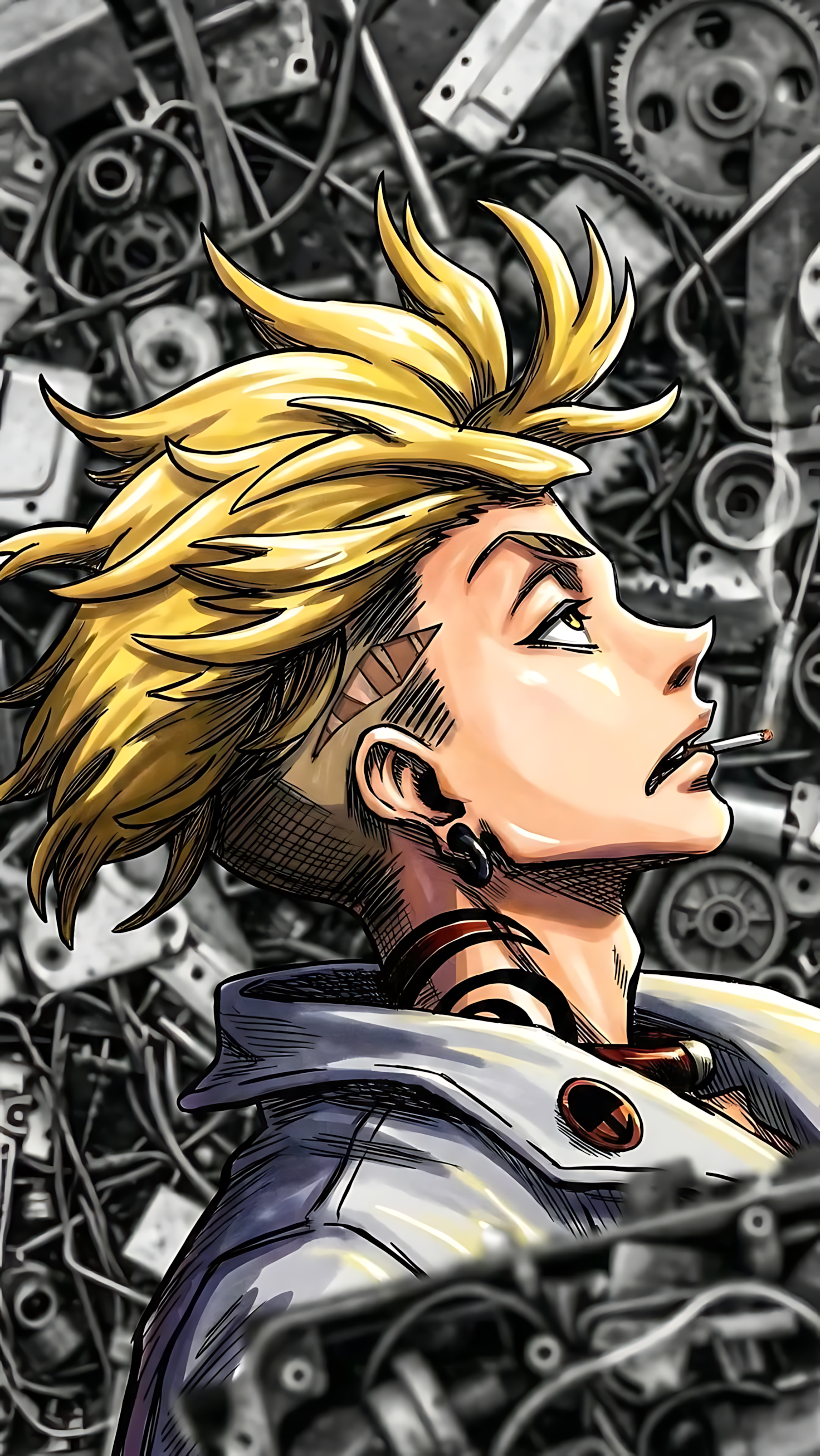 Anime action poster with side-profile character, spiky golden hair and open mouth