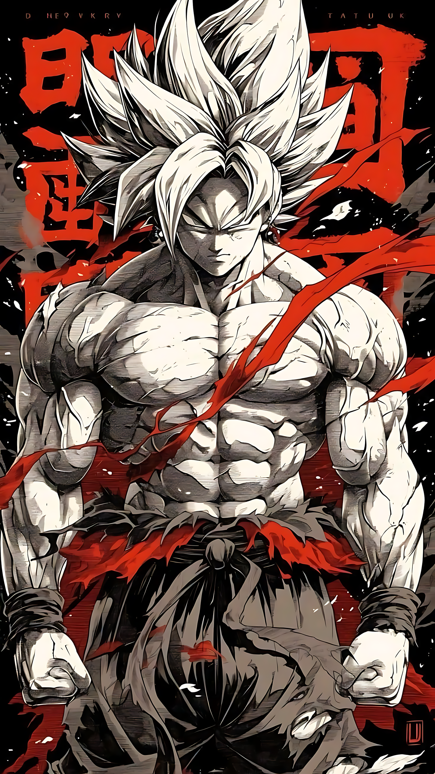 Anime poster of white-silver spiky-haired fighter in dynamic crouch pose