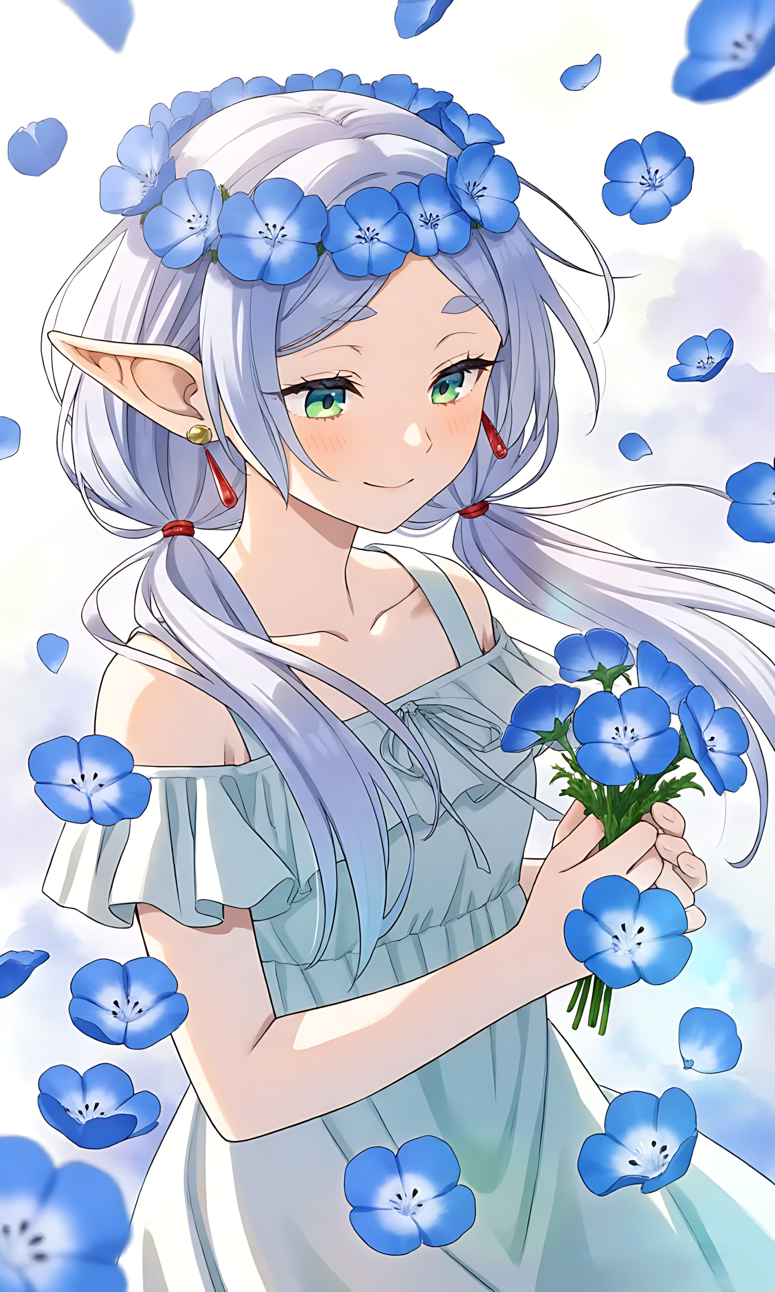 Anime portrait poster of Frieren with blue flower crown and bouquet, teal dress