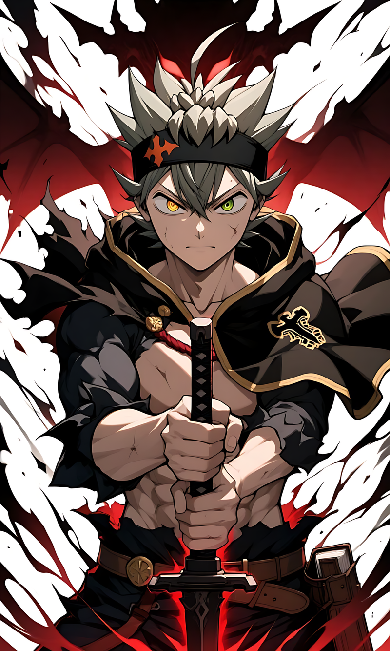 Anime action sword poster featuring a green-eyed hero holding a large demon-slaying sword
