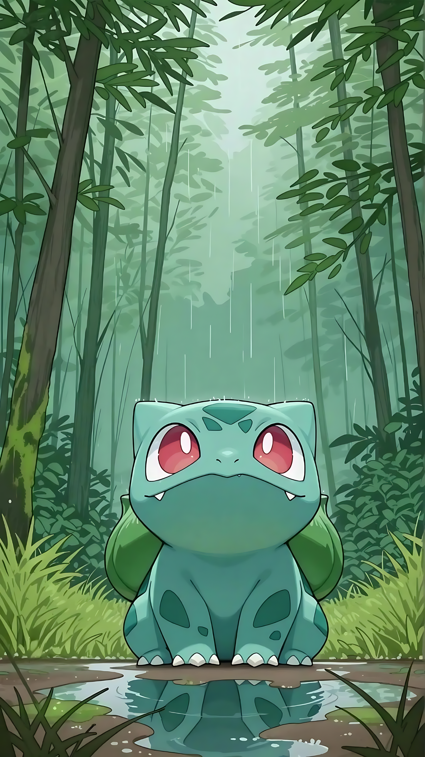 Poster featuring Bulbasaur sitting in a rain puddle among bamboo trees, teal green character