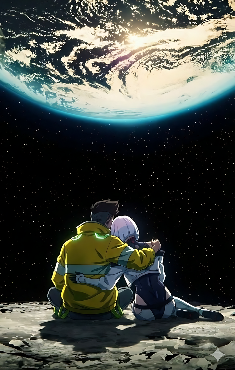 Anime poster of two characters hugging on rocky ground beneath a planet
