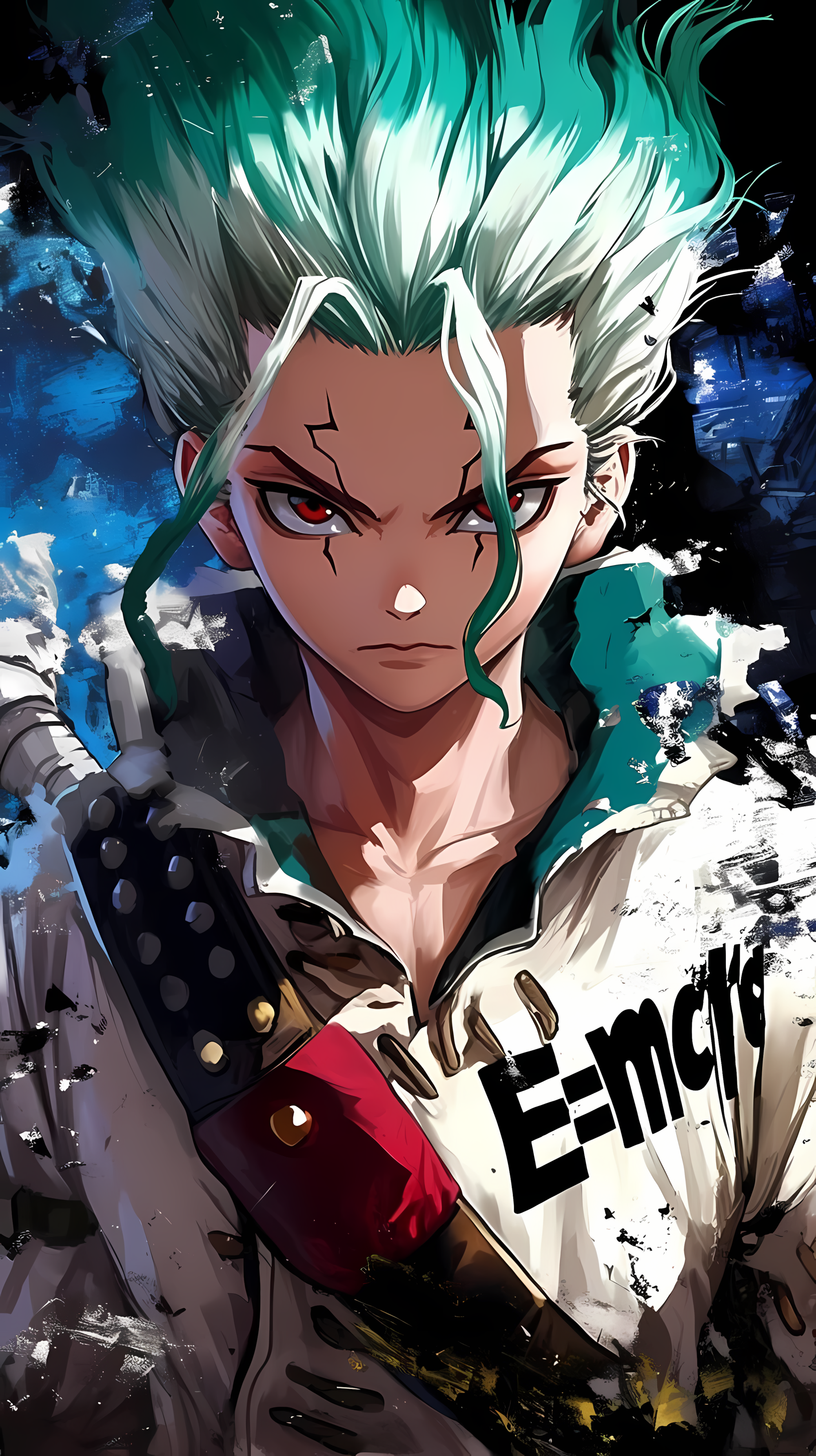 Dr. Stone Senku Ishigami anime poster, white hair, green coat, 'E=mc' text