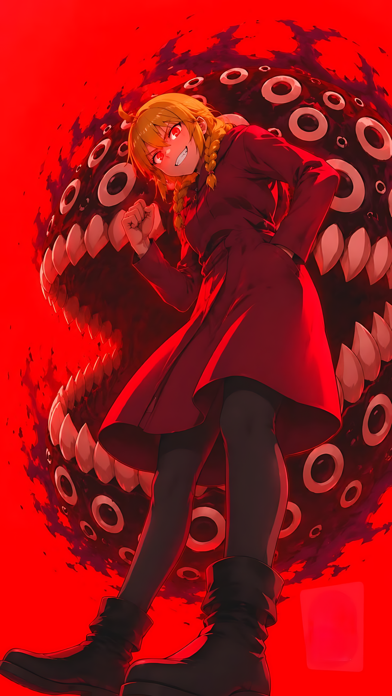 Anime poster with orange-haired figure surrounded by dark tentacles