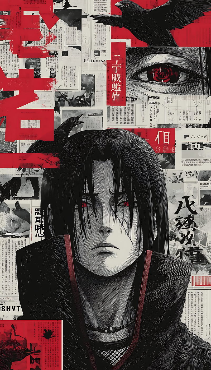 Anime character poster with pale face, red eyes, black hair, dark cloak with red trim