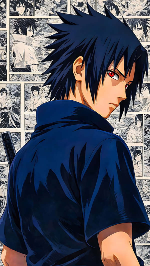 Sasuke Uchiha manga collage poster, close-up of dark blue outfit and red eye
