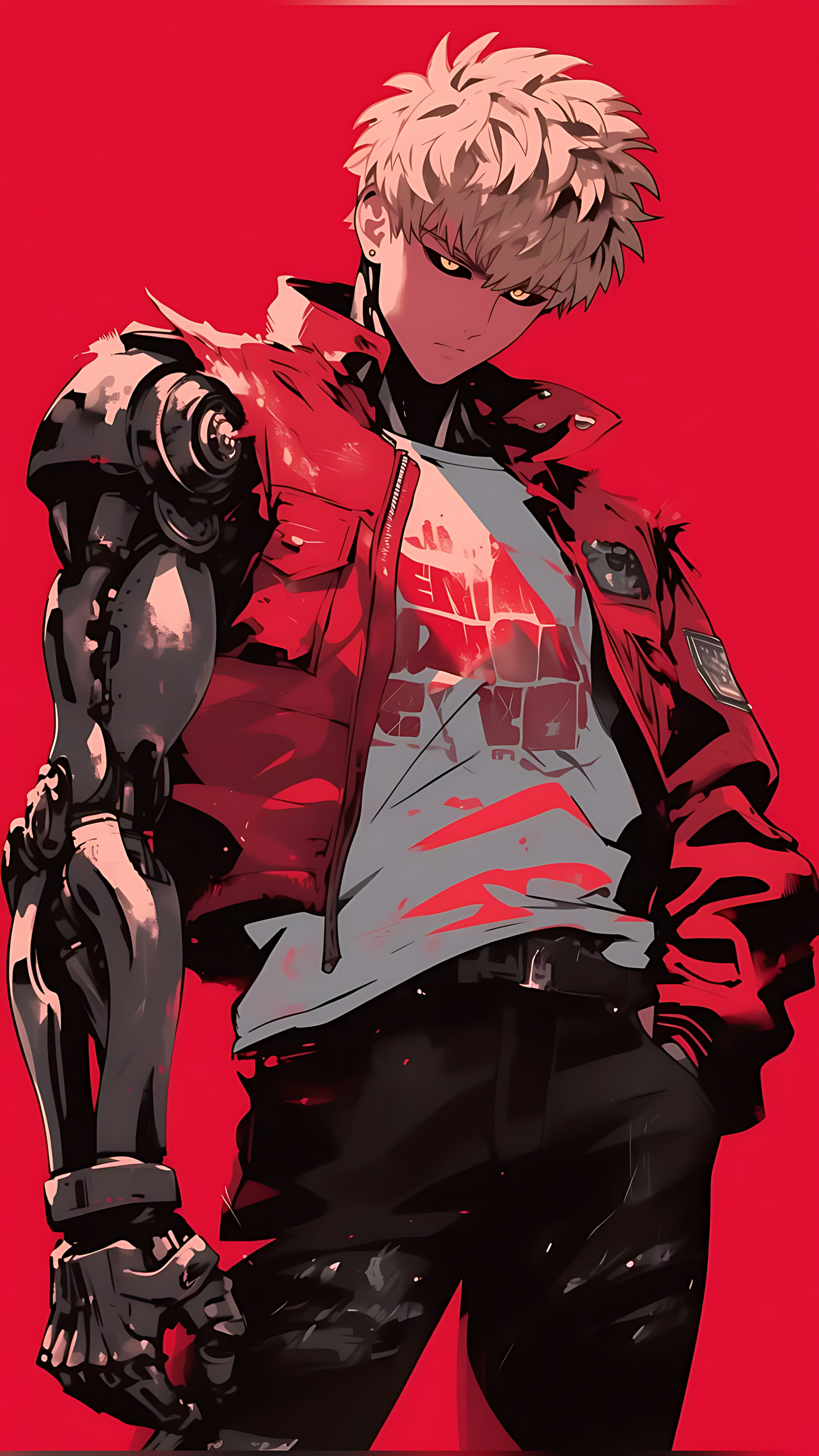 Crimson cyber-jacket hero poster with mechanical arm, dynamic pose