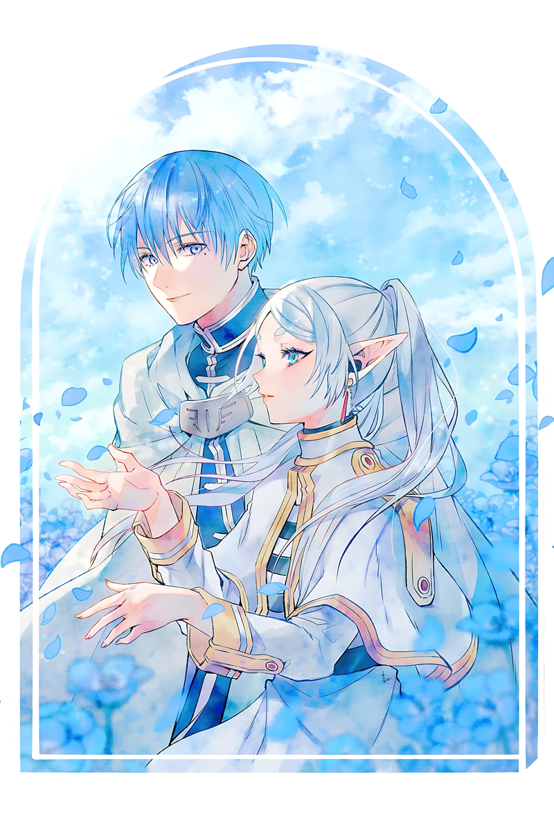 Blue anime poster with boy and elf girl hugging in bright sky scene