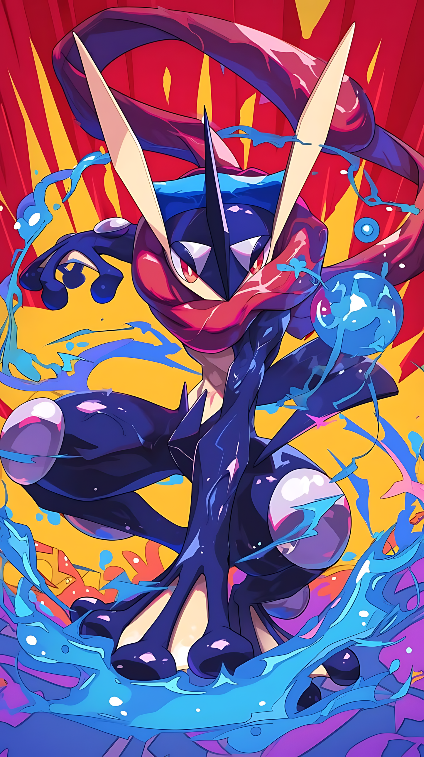 Greninja action poster with dynamic water shuriken and splash, vibrant blue and red.