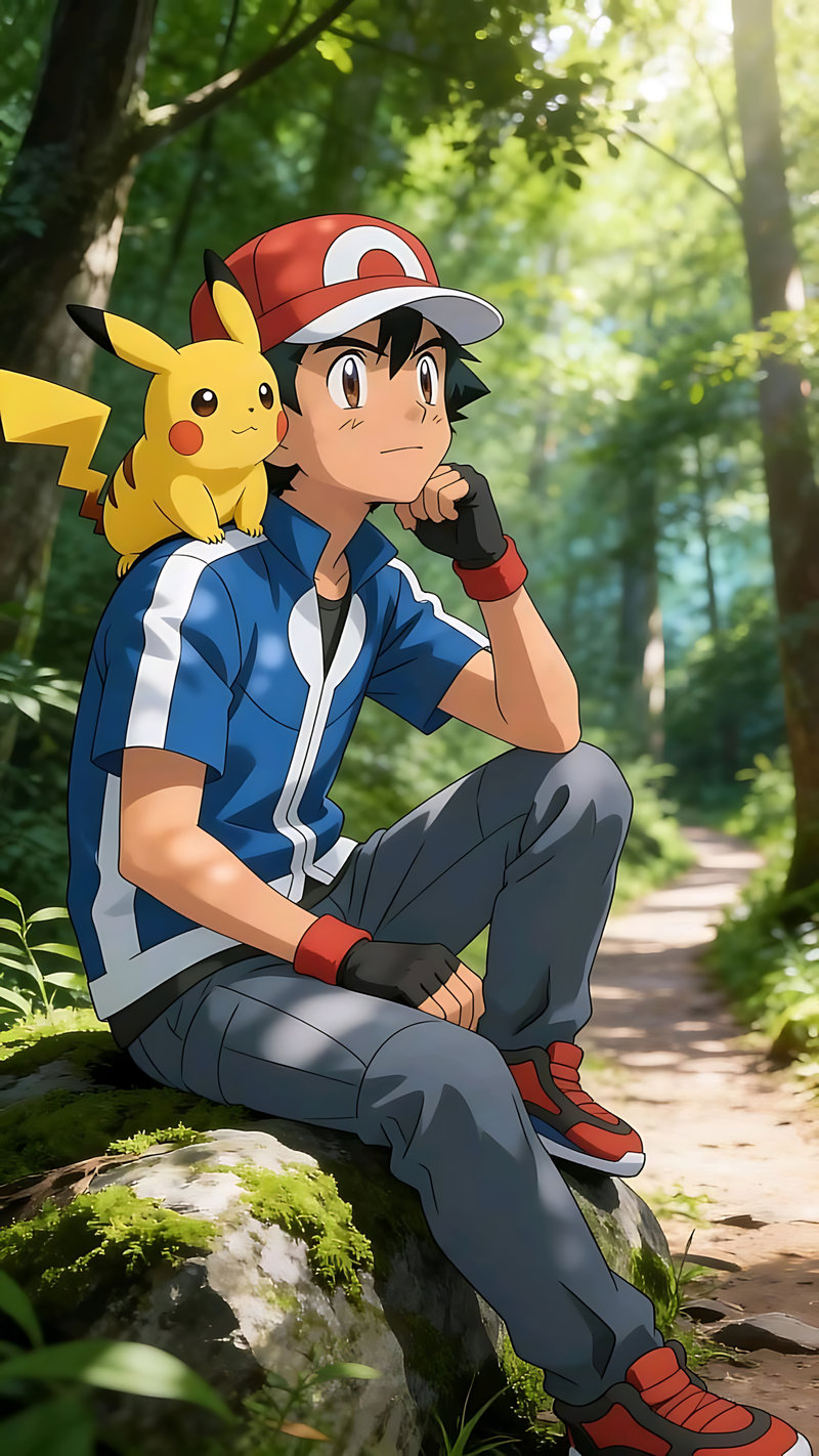 Pokemon poster of Ash Ketchum with Pikachu sitting on a rock in a forest