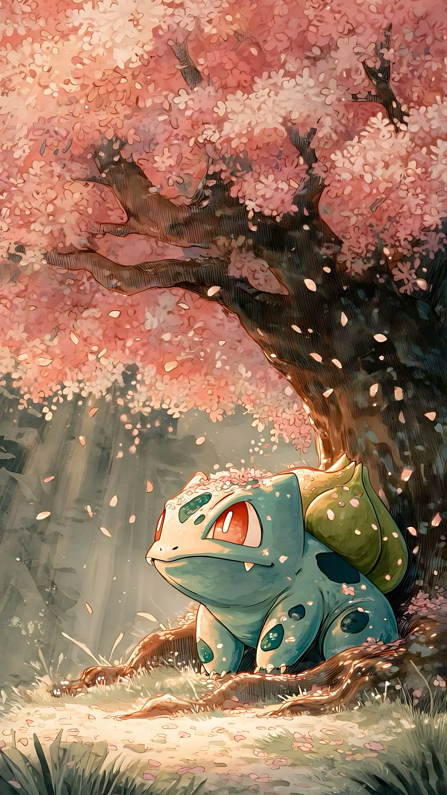 Bulbasaur resting poster under cherry blossoms, illustrated tree and petals, art print