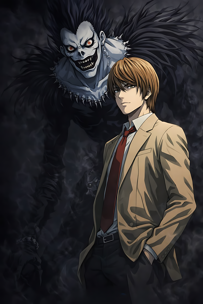 Death Note poster with Light Yagami in suit and Ryuk with skeletal face behind
