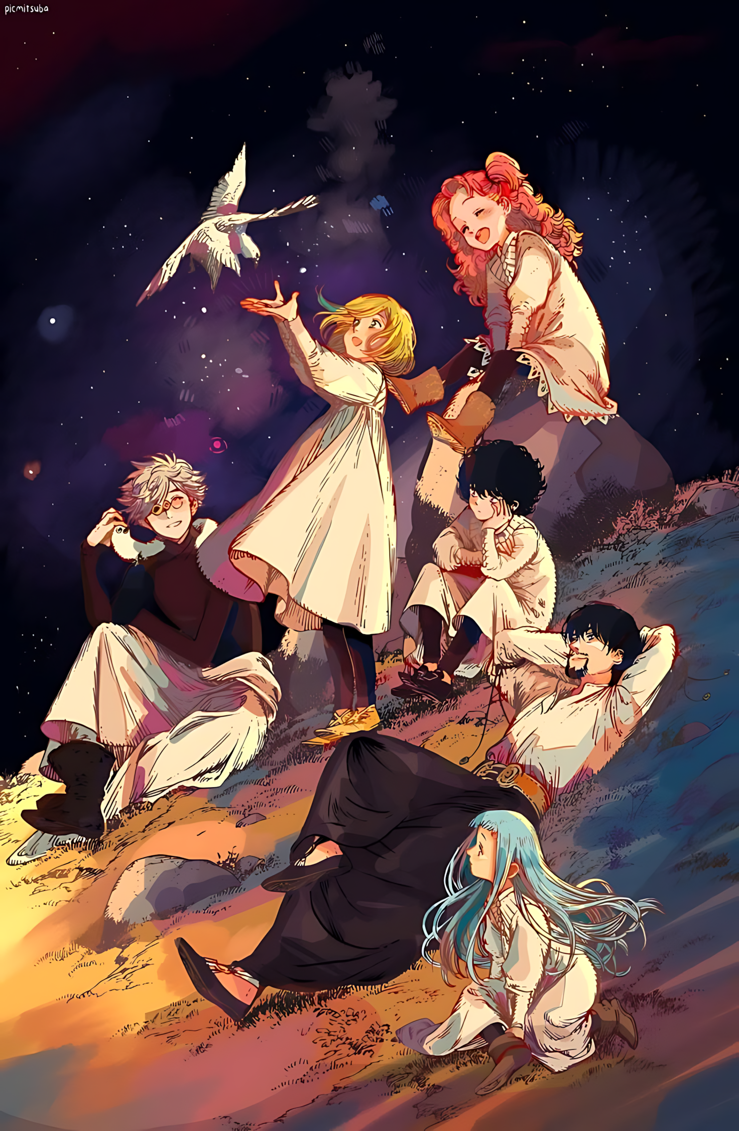 Starlit Night poster with illustrated group of characters under a starry sky