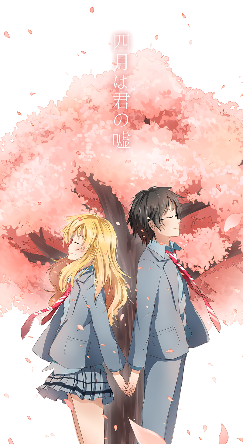 Cherry blossom art poster with two anime students under pink sakura trees, vertical design