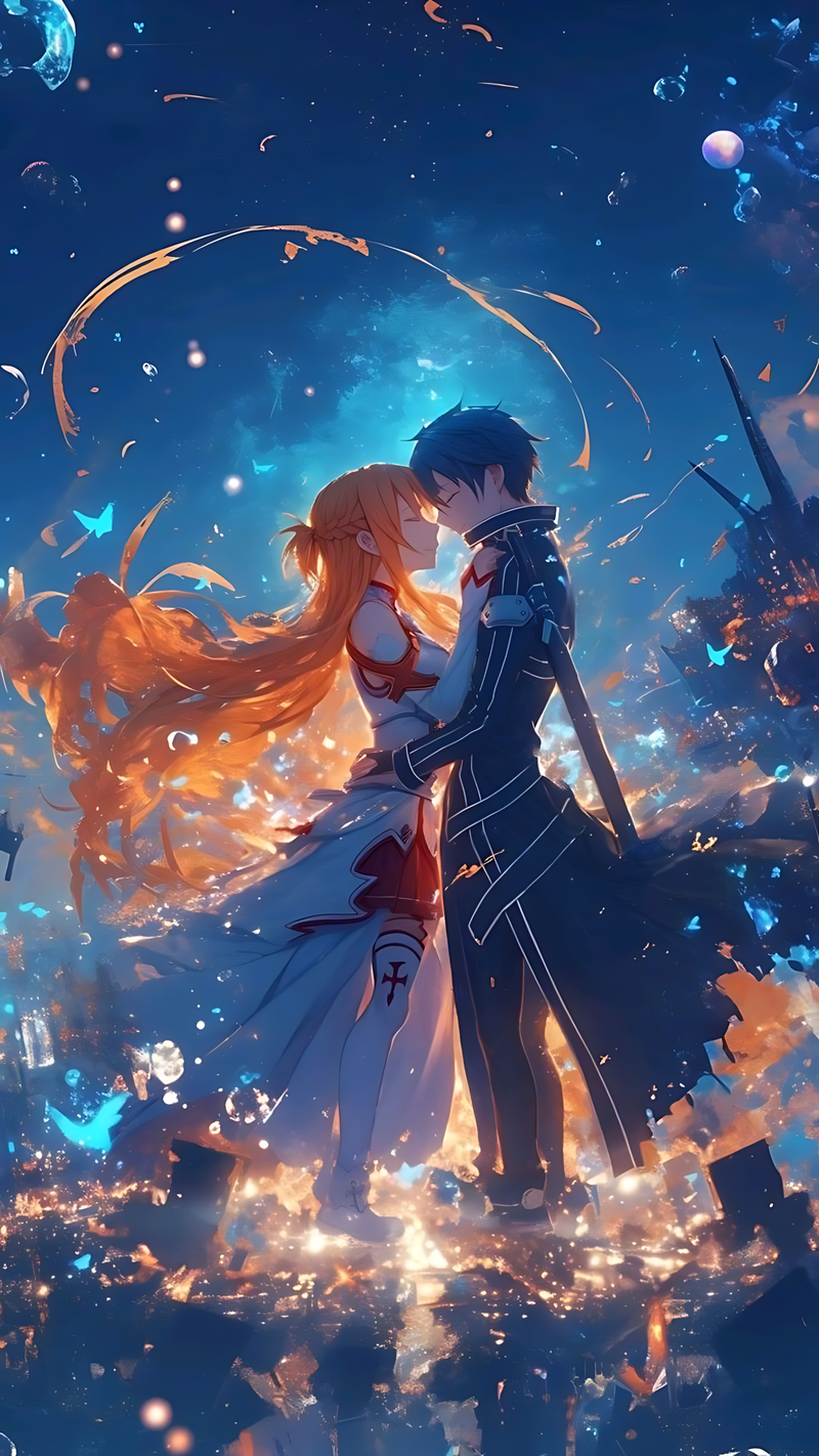 Illustrated starry sky embrace poster with two anime characters in blue and orange outfits