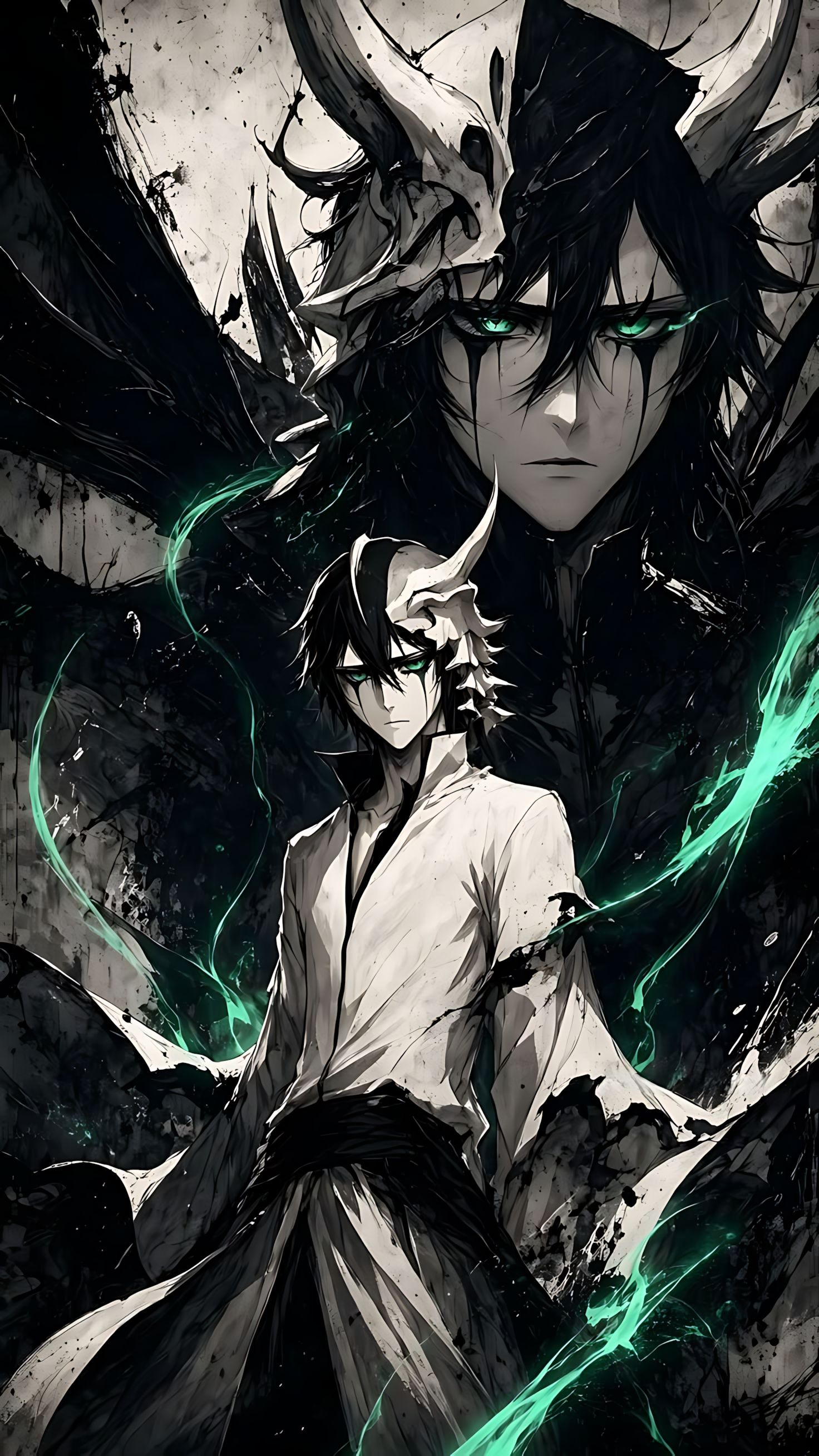 Anime poster featuring a dark-haired swordsman with teal eyes and green energy blasts